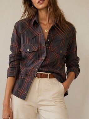 Antik Batik 100% Cotton Plaid Button-Front Shirt Size XS Black Orange Cowgirl